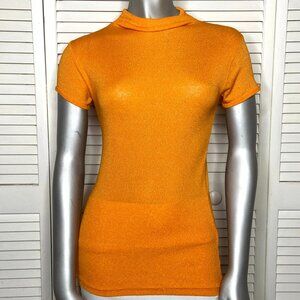 Vtg Y2K MICHAEL STARS Bright Orange Shine Fabric S/S Mock Turtleneck Shirt XS/S